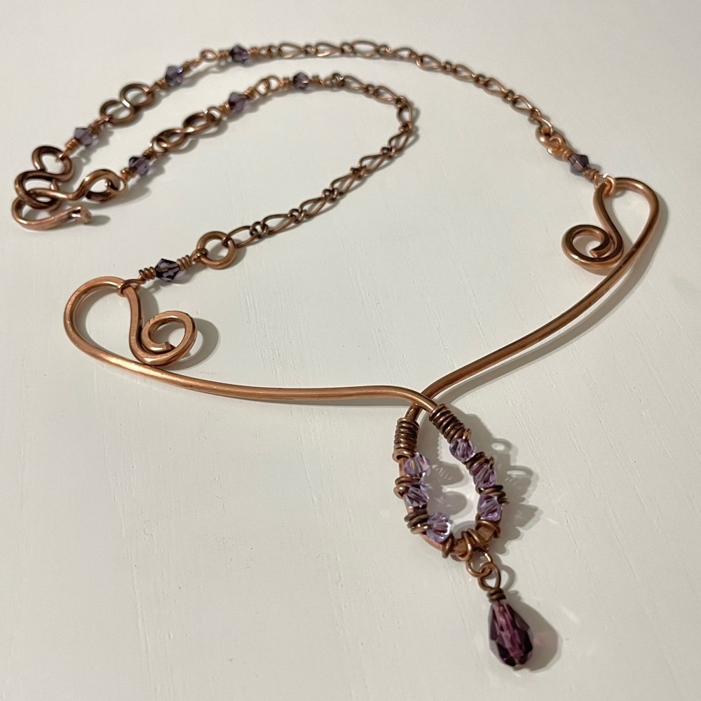 Copper Scroll Necklace Beaded Plum and Lilac Crystals Elegant Rustic‎ Handmade - Picture 14 of 14